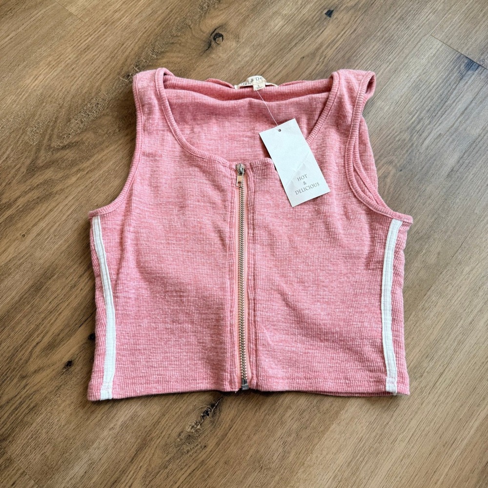 NWT HOT & DELICIOUS Pink Ribbed Cropped Sleeveless Zip Up Hoodie Womens‎ Size L